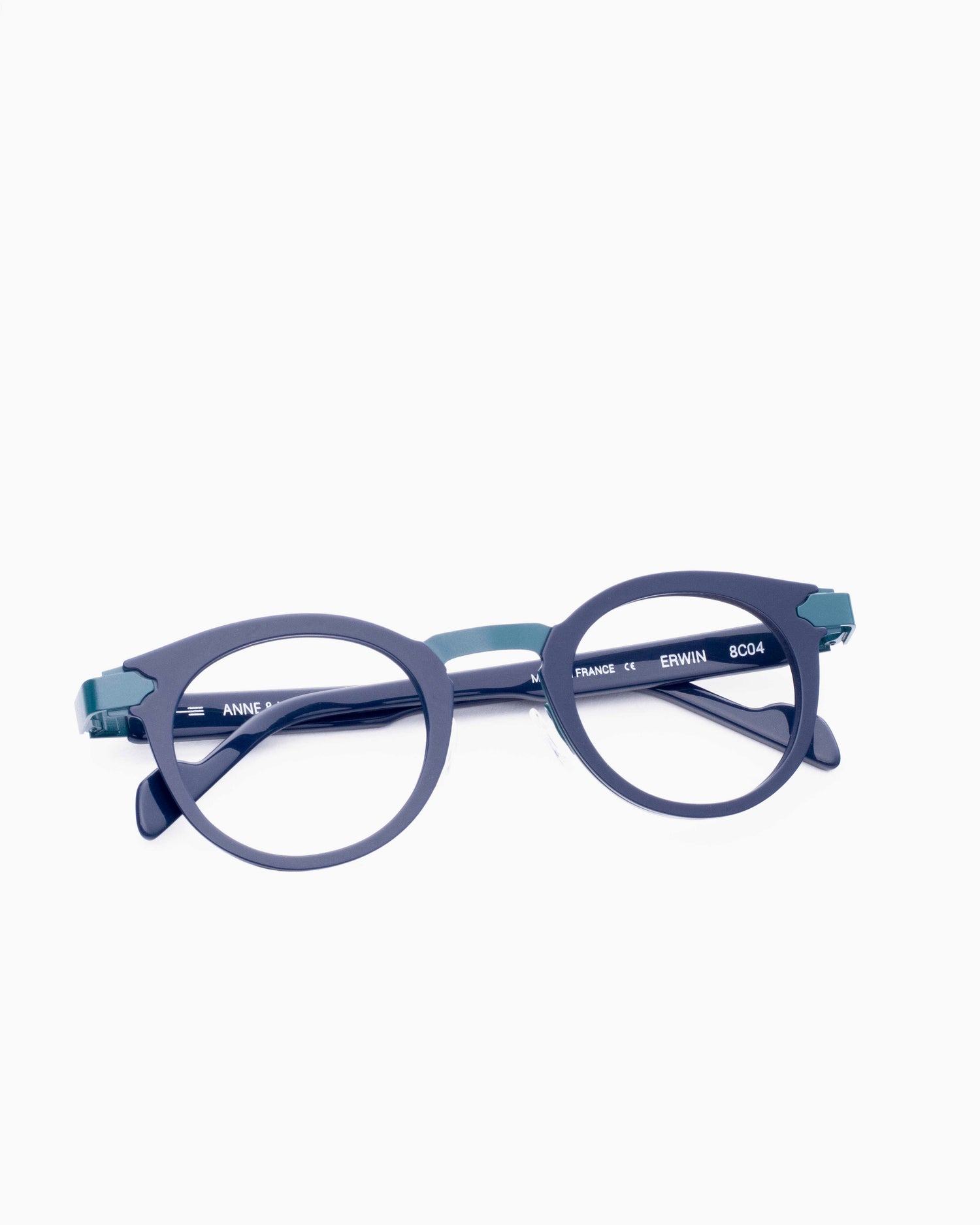 blue metal round eyeglasses by Anne et Valentin model erwin, front view, lunettes de vue Bleu rond