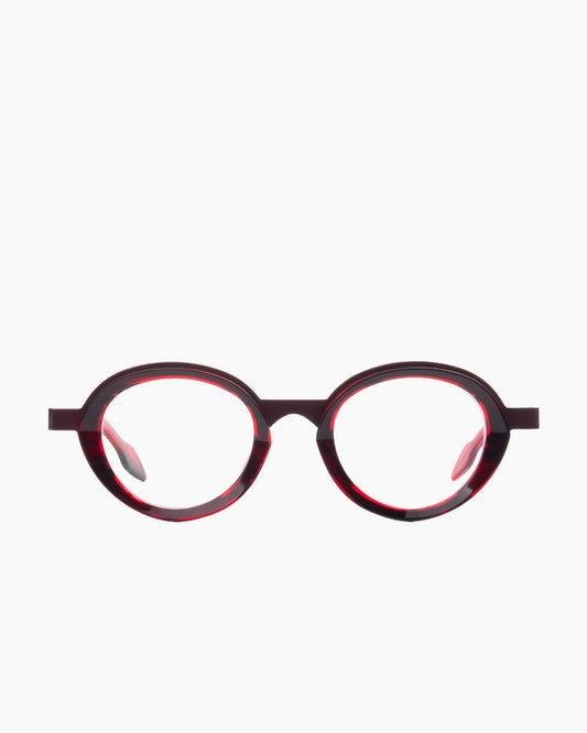burgundy plastic oval eyeglasses by Theo model apple, front view, lunettes de vue ovale couleur bourgogne