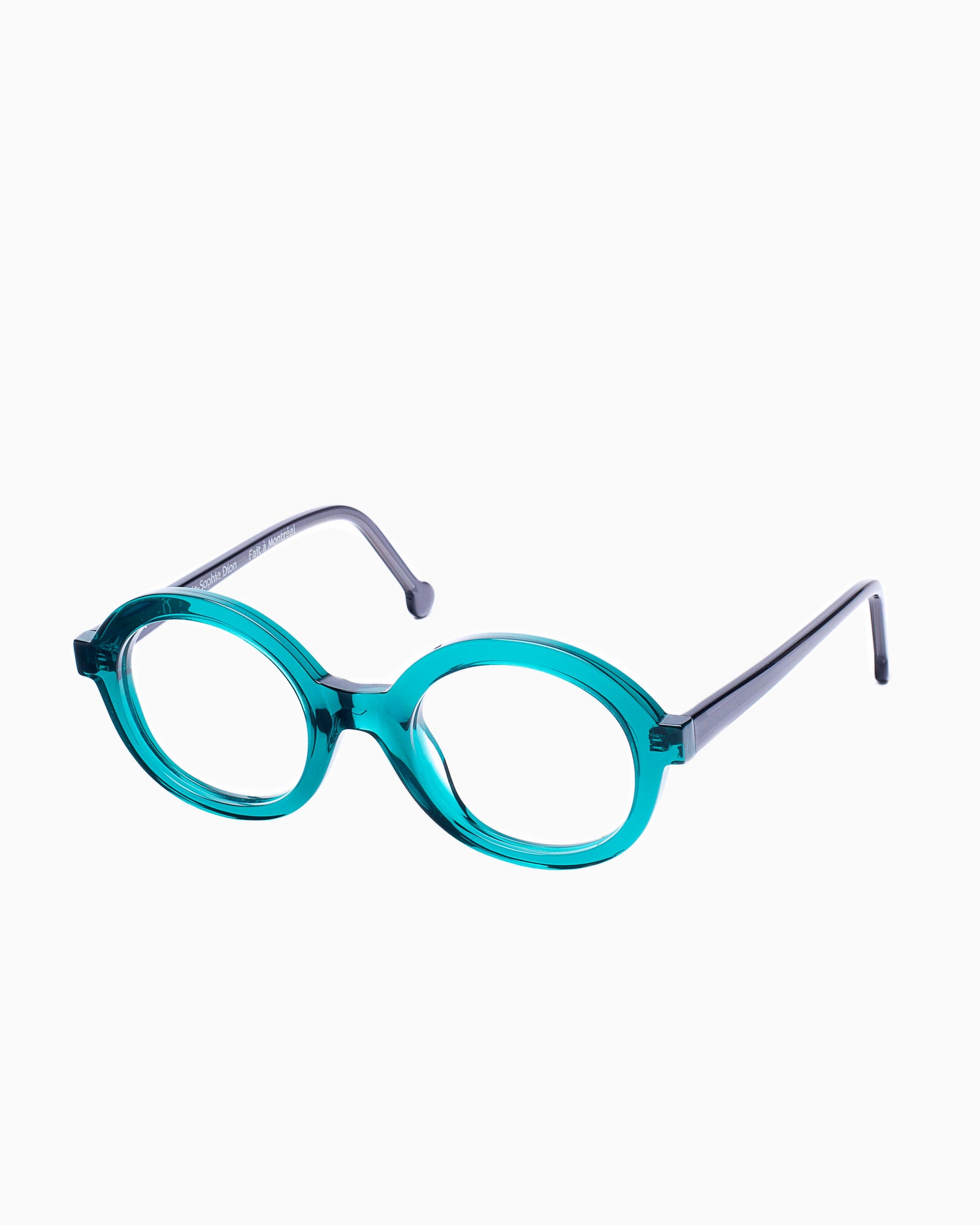 green plastic round eyeglasses by Marie-Sophie Dion model O'Malley, front view, lunettes de vue Vert rond