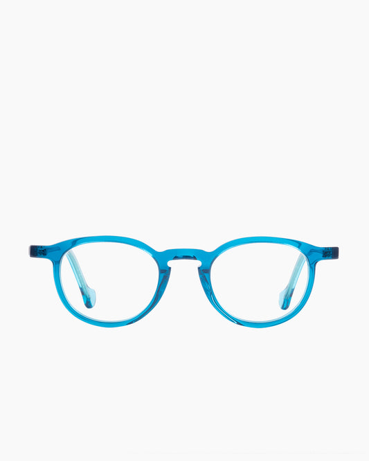 blue plastic oval eyeglasses by Anne et Valentin model Annette, front view, lunettes de vue ovale couleur Bleu