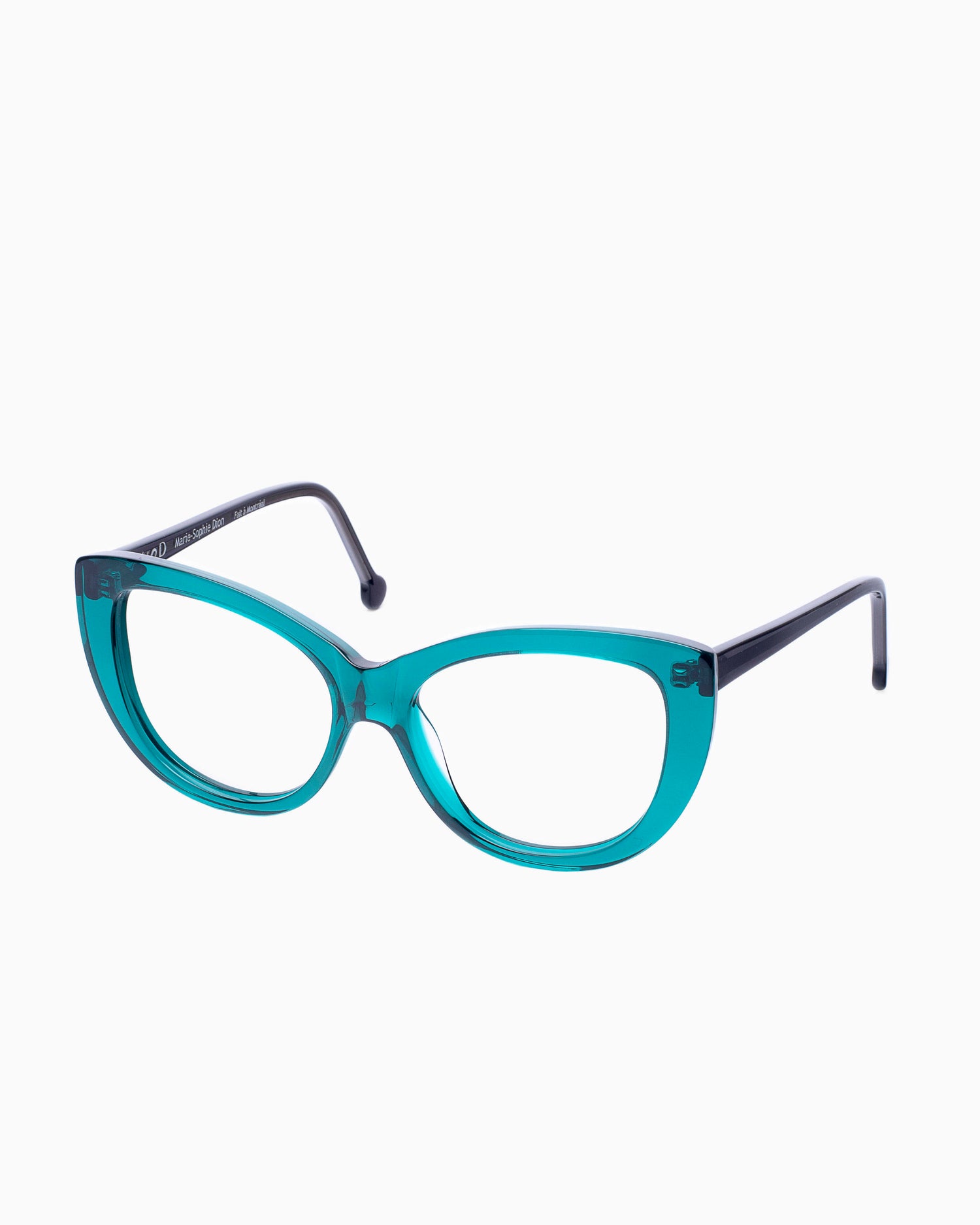 green plastic cat eyeglasses by Marie-Sophie Dion model Younan, front view, lunettes de vue Vert 