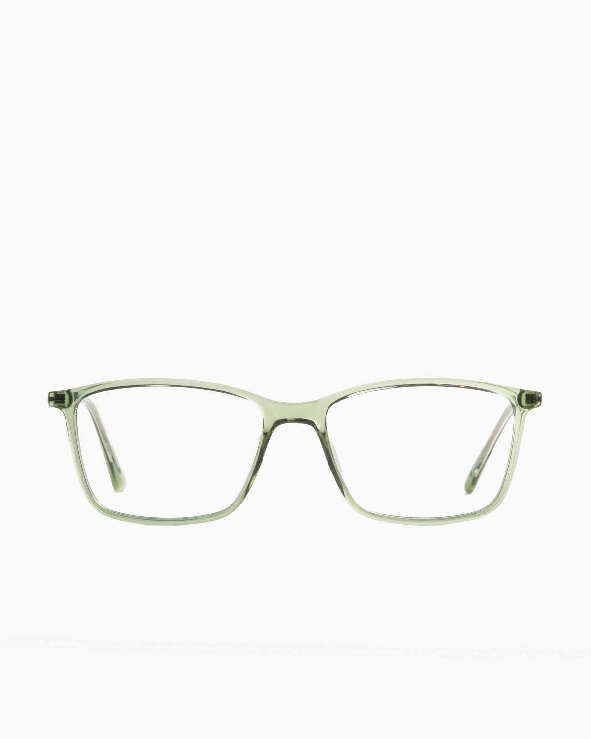 green plastic rectangle eyeglasses by Evolve model El3, front view, lunettes de vue vert rectangle