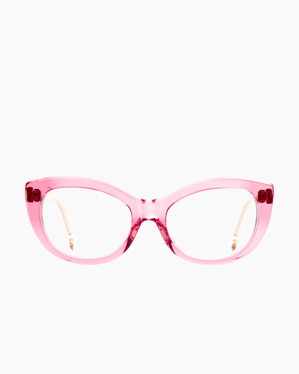 pink plastic cat eyeglasses by Marie-Sophie Dion model Abid, front view, lunettes de vue chat couleur rose