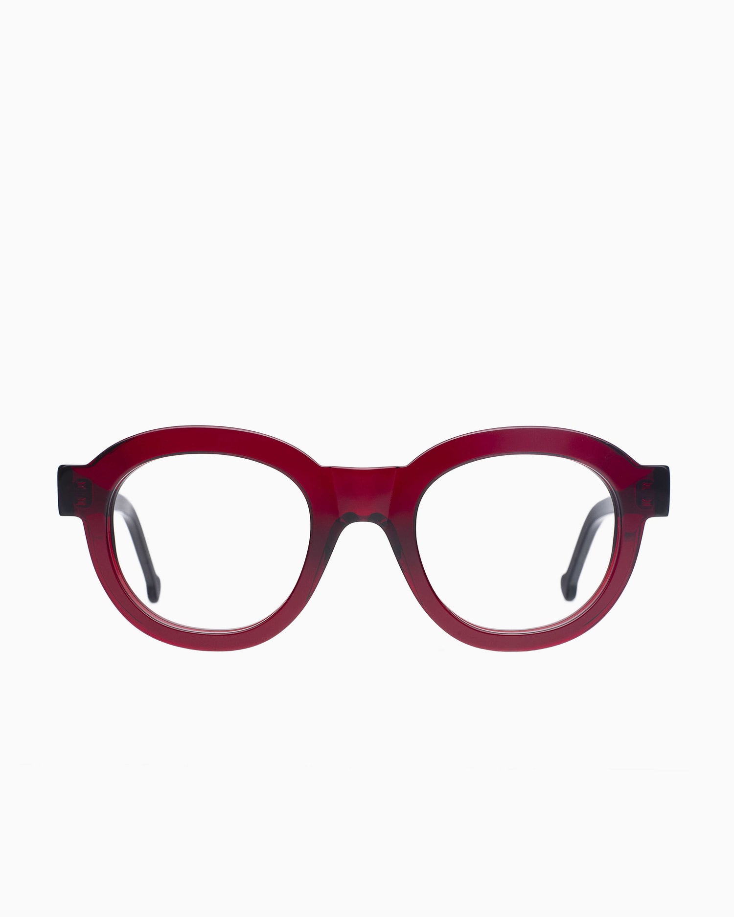 burgundy plastic round eyeglasses by Marie-Sophie Dion model Claude, front view, lunettes de vue rond couleur bourgogne