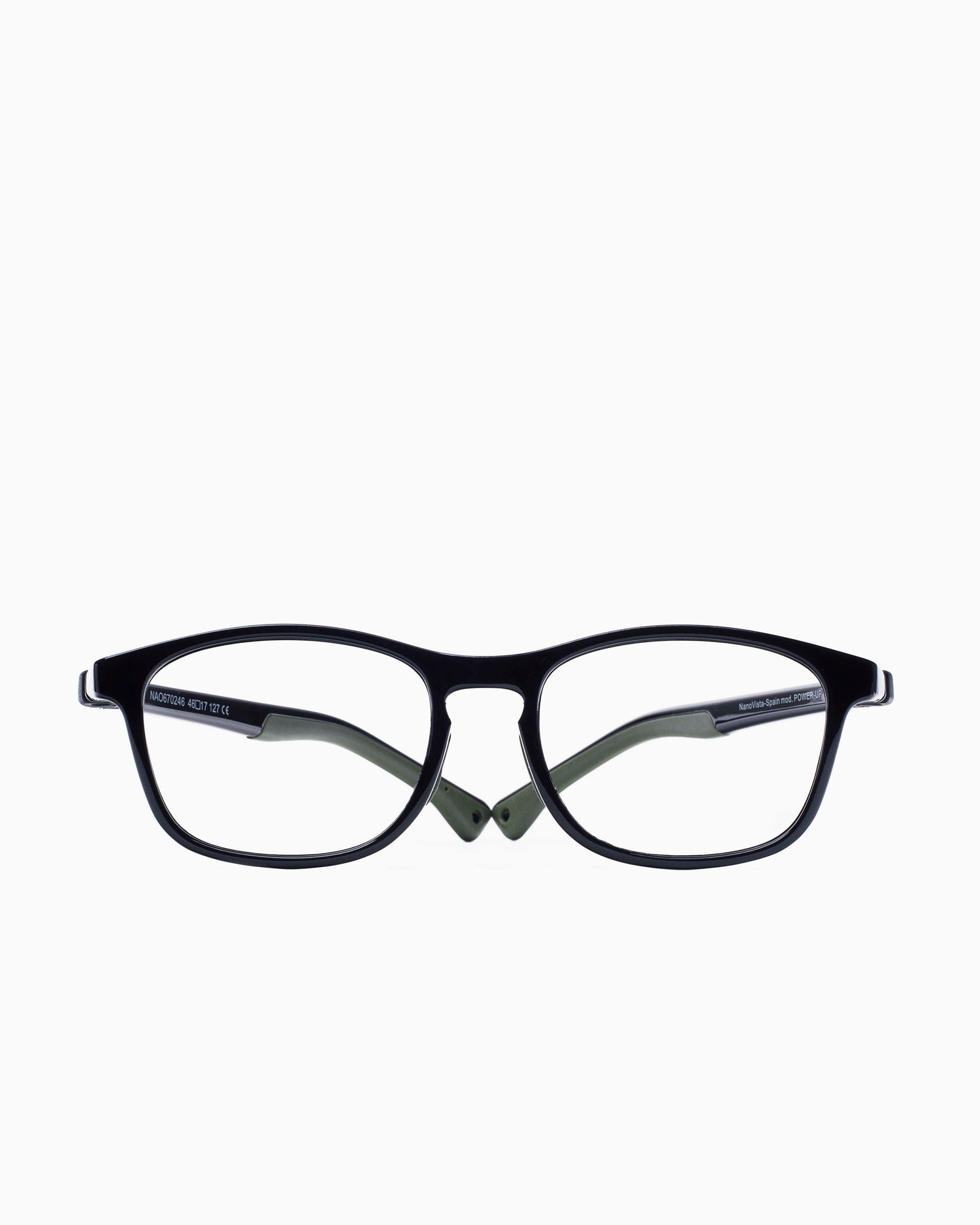 black plastic rectangle eyeglasses by Nanovista Kids model POWERUP, front view, lunettes de vue Noir rectangle