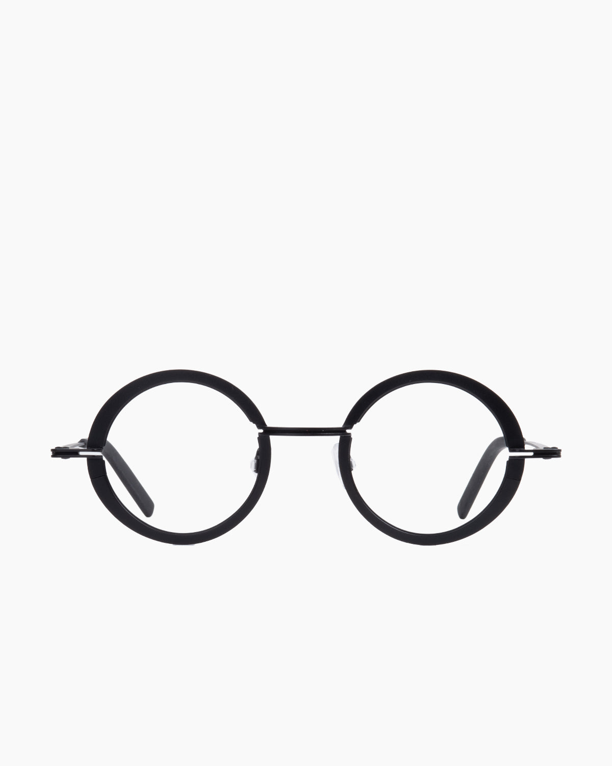 black metal round eyeglasses by Theo model crunchy, front view, lunettes de vue noir rond