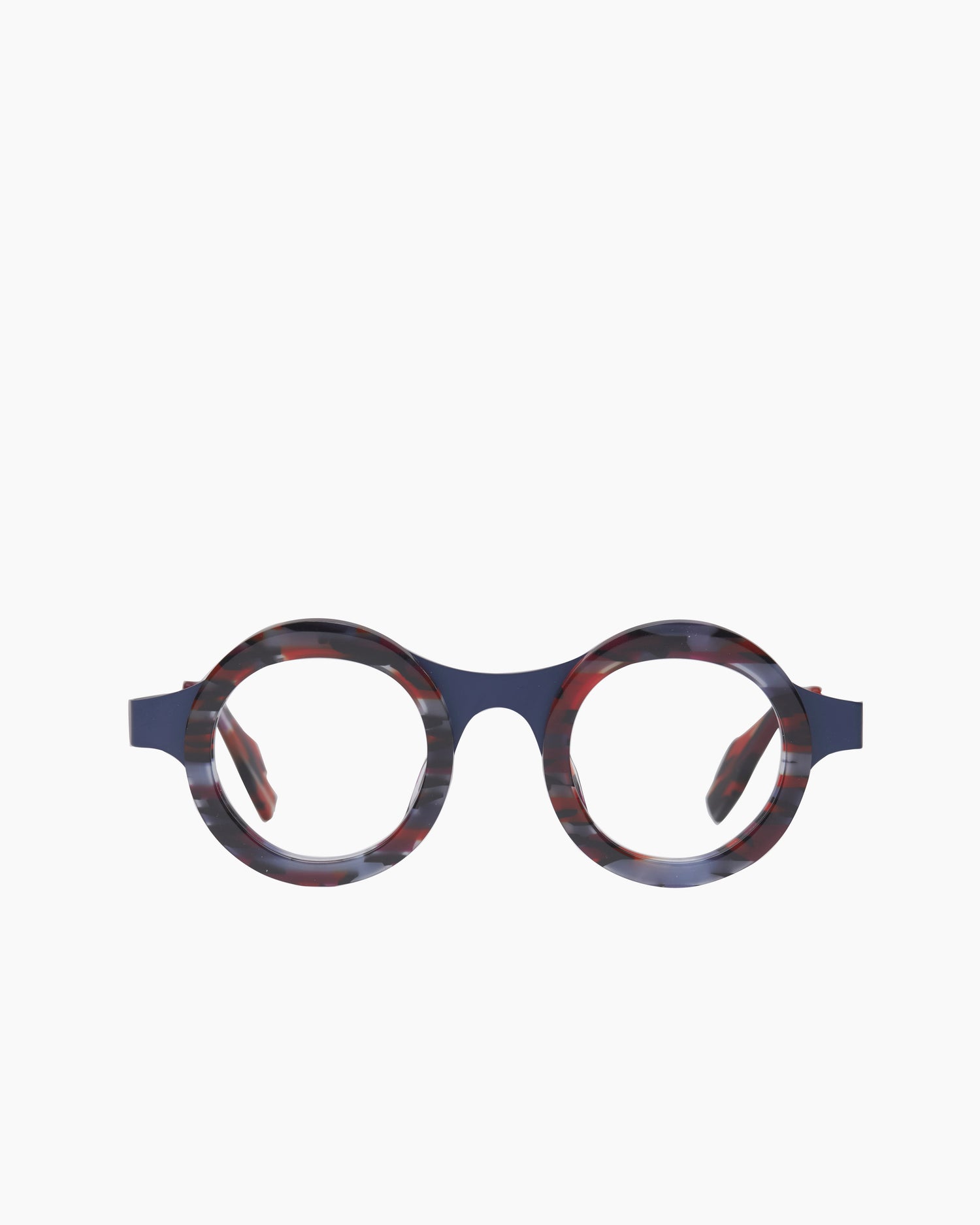 red metal round eyeglasses by Theo model Karukera, front view, lunettes de vue Rouge rond