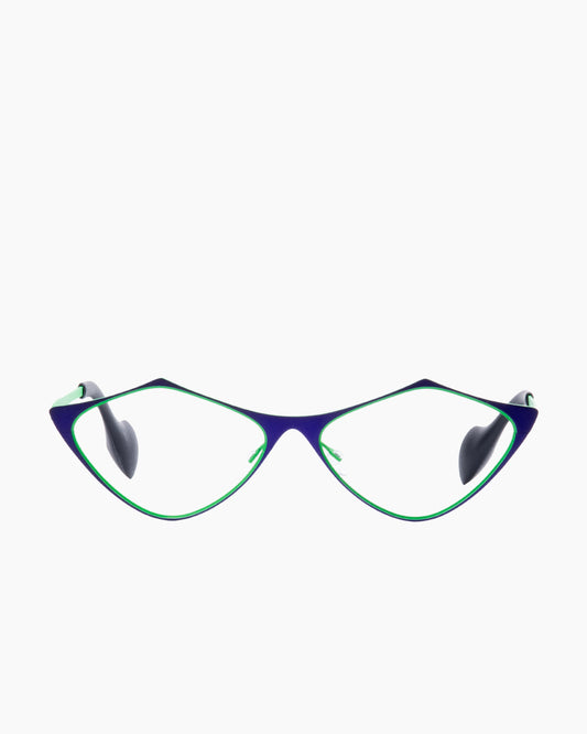 purple metal triangle eyeglasses by Theo model TOTTORI, front view, lunettes de vue couleur violet