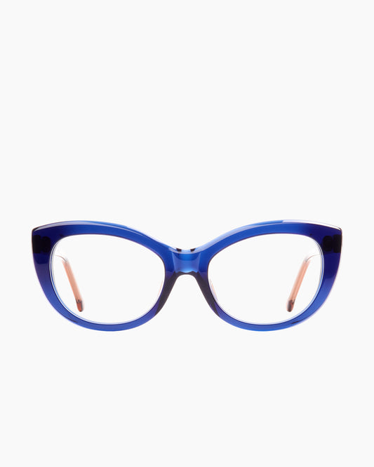 blue plastic cat eyeglasses by Marie-Sophie Dion model Abid, front view, lunettes de vue chat couleur Bleu