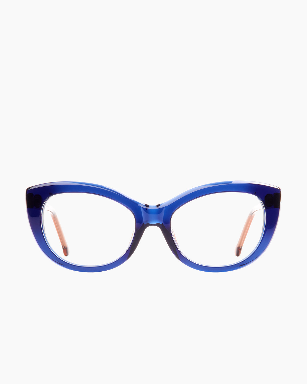 blue plastic cat eyeglasses by Marie-Sophie Dion model Abid, front view, lunettes de vue chat couleur Bleu