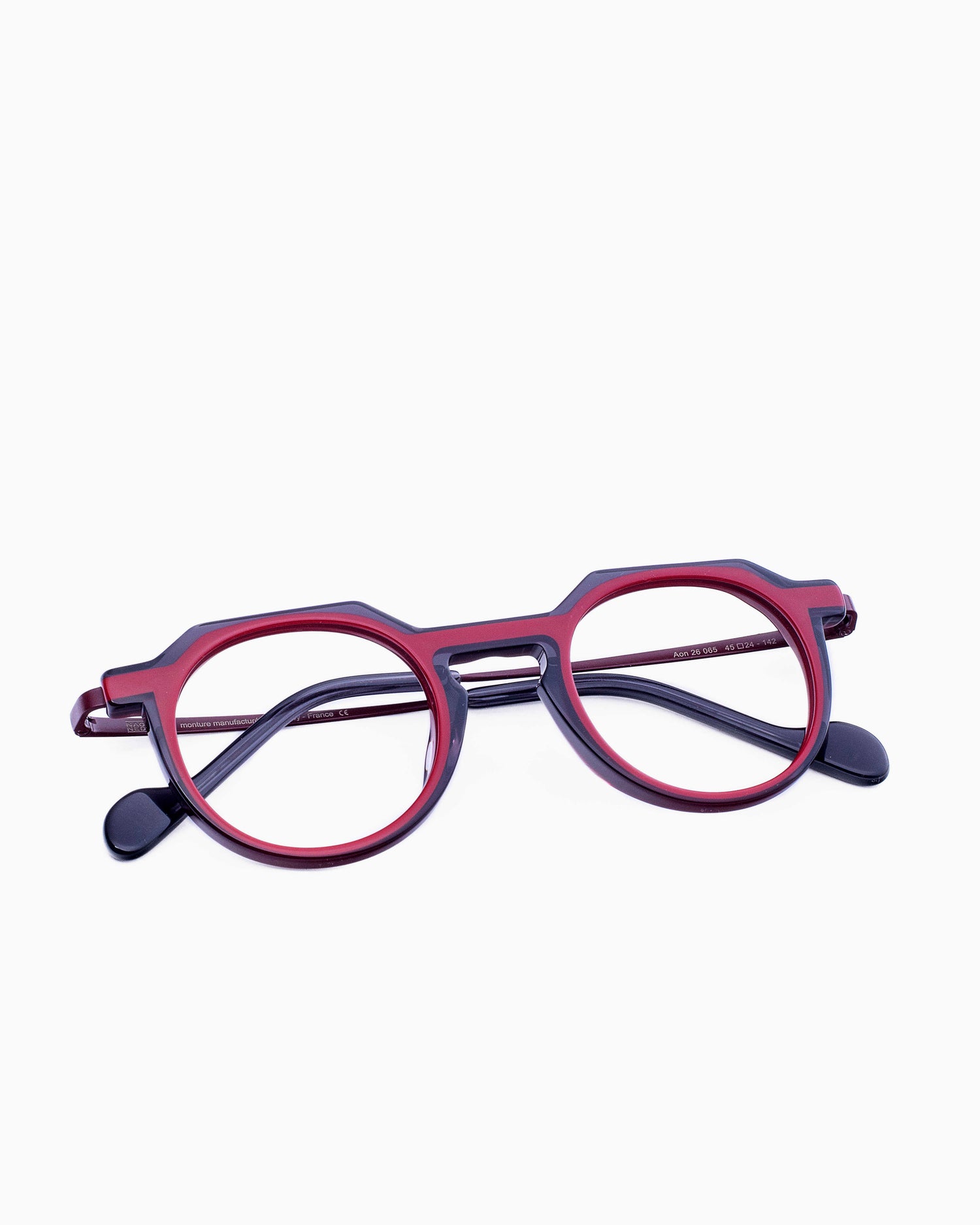red plastic round eyeglasses by Nao Ned model Aon, front view, lunettes de vue Rouge rond