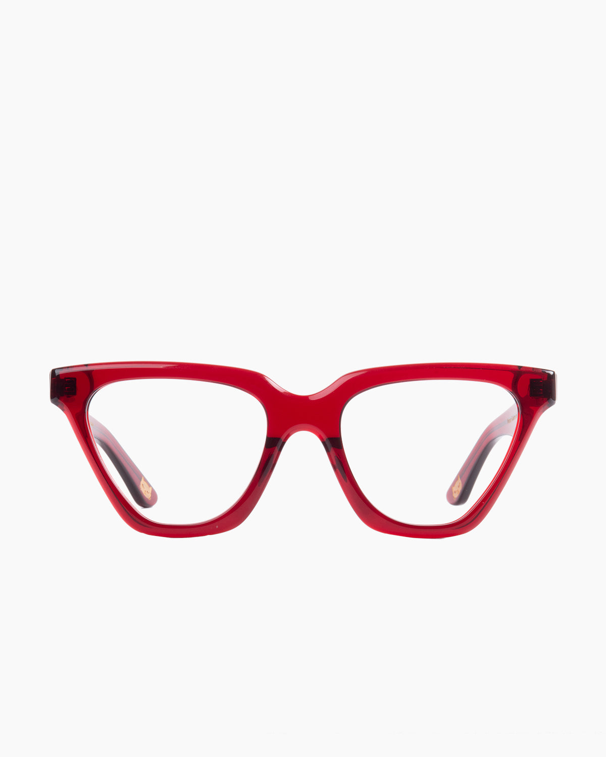 red plastic triangle eyeglasses by Spectacleeyeworks model Joelle, front view, lunettes de vue rouge triangle