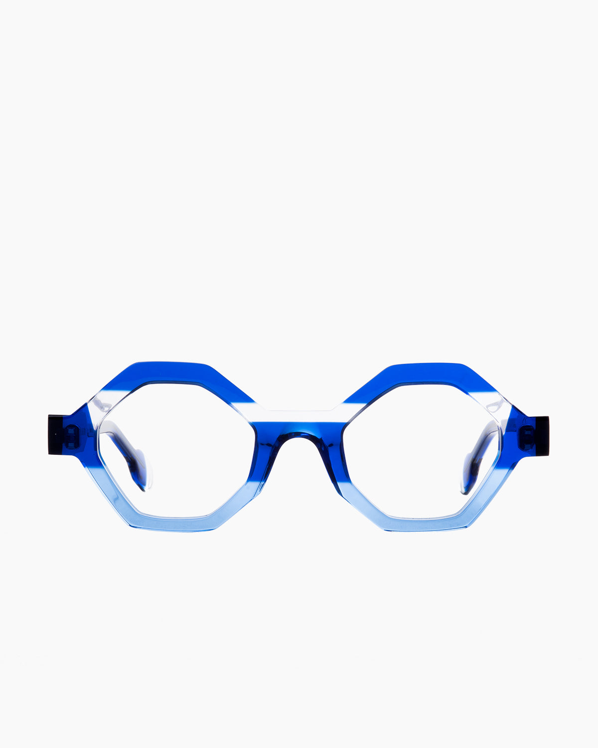 blue plastic hexagon eyeglasses by Anne et Valentin model haha, front view, lunettes de vue hexagone couleur bleu