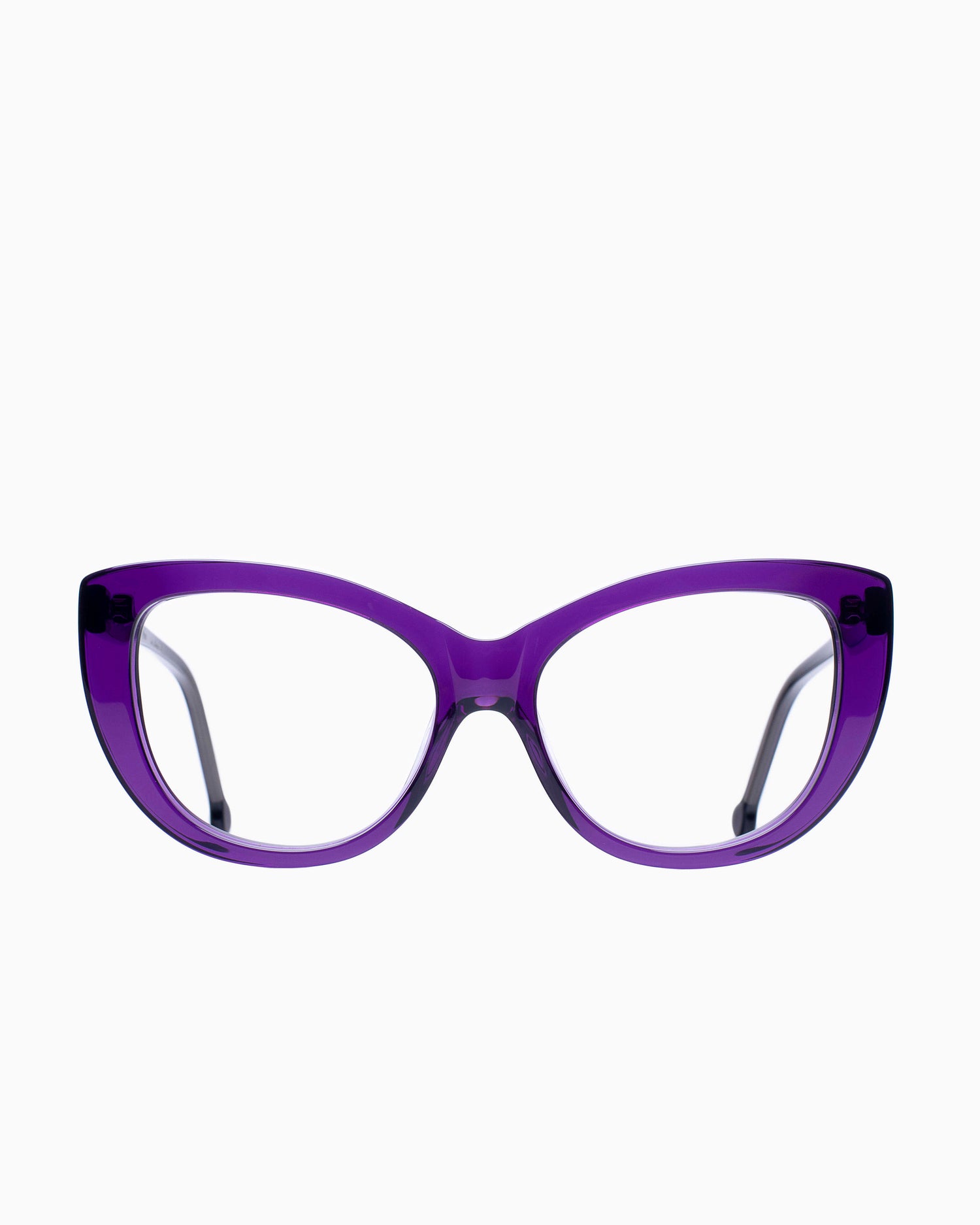 purple plastic cat eyeglasses by Marie-Sophie Dion model Younan, front view, lunettes de vue violet 