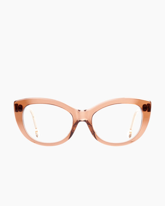 brown plastic cat eyeglasses by Marie-Sophie Dion model Abid, front view, lunettes de vue chat couleur brun