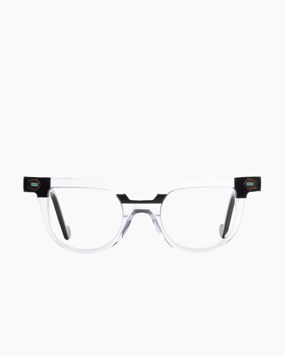 crystal plastic cat eyeglasses by Anne et Valentin model Transmit, front view, lunettes de vue Cristal chat