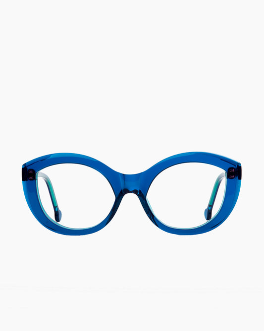 blue plastic cat eyeglasses by Marie-Sophie Dion model Fiori, front view, lunettes de vue chat couleur bleu