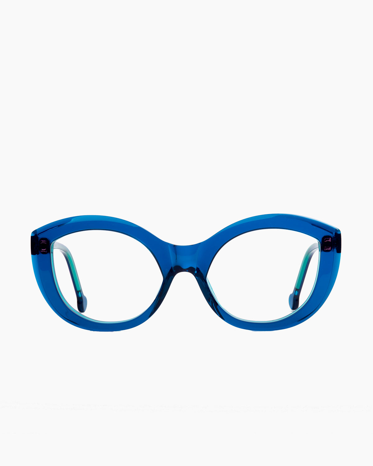 blue plastic cat eyeglasses by Marie-Sophie Dion model Fiori, front view, lunettes de vue chat couleur bleu