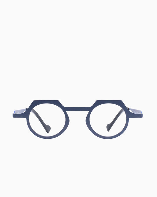 blue metal round eyeglasses by Theo model OCEANIA, front view, lunettes de vue rond couleur Bleu