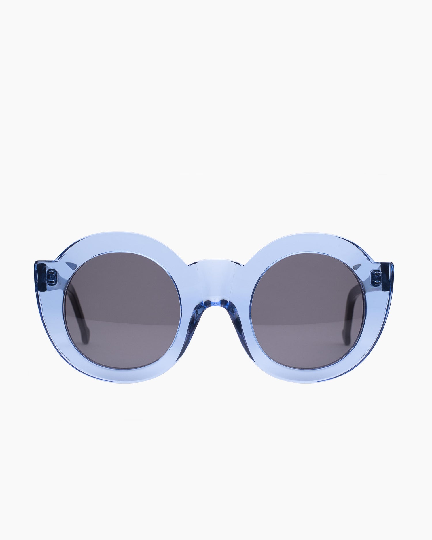 blue plastic round  sunglassesby Marie-Sophie Dion model CollSun, front view, lunettes de vue rond couleur Bleu