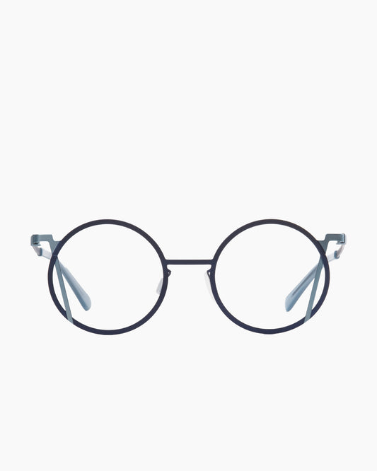 blue metal round eyeglasses by Gamine model LaRoma, front view, lunettes de vue rond couleur bleu