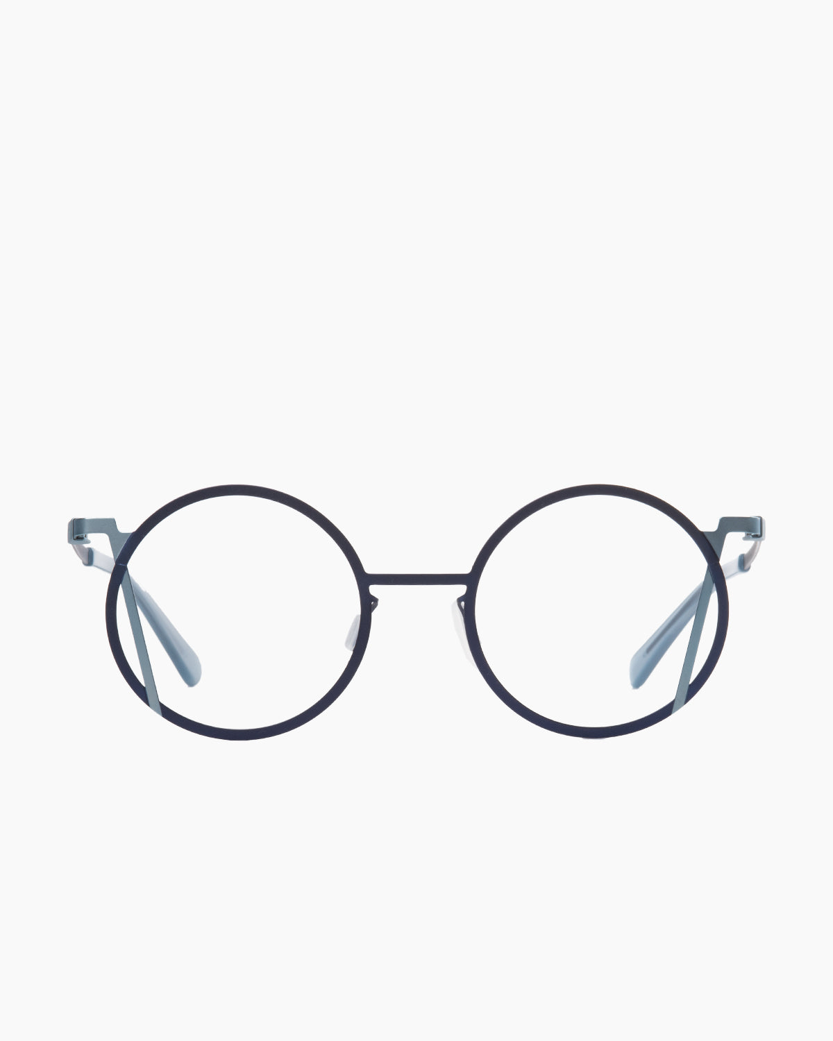 blue metal round eyeglasses by Gamine model LaRoma, front view, lunettes de vue bleu rond