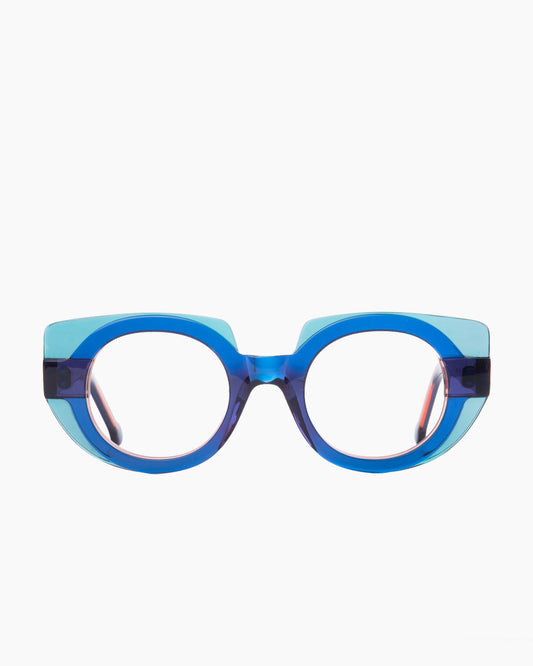 blue plastic round eyeglasses by Marie-Sophie Dion model Lewis, front view, lunettes de vue rond couleur bleu