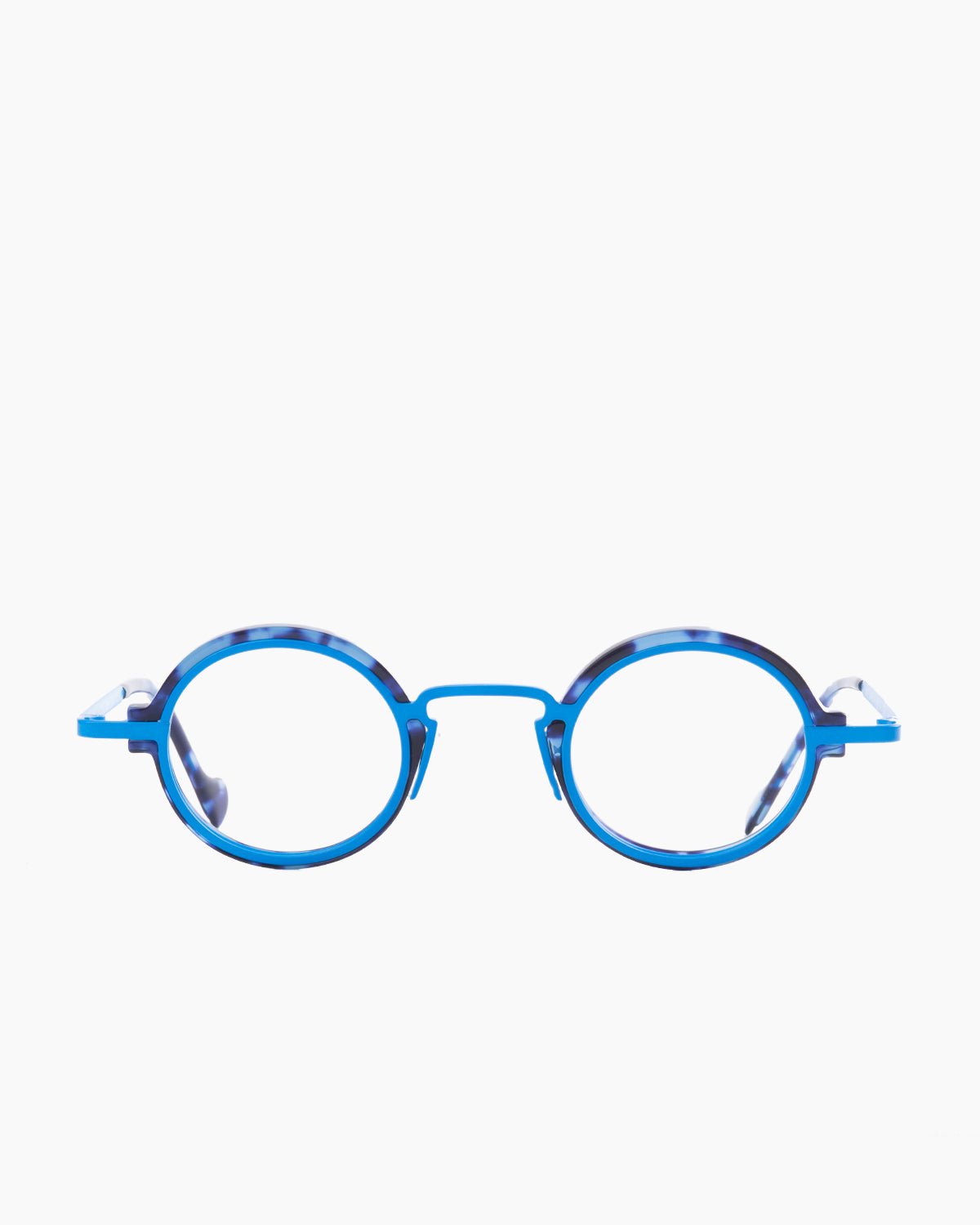 blue metal oval eyeglasses by Anne et Valentin model M1, front view, lunettes de vue ovale couleur bleu