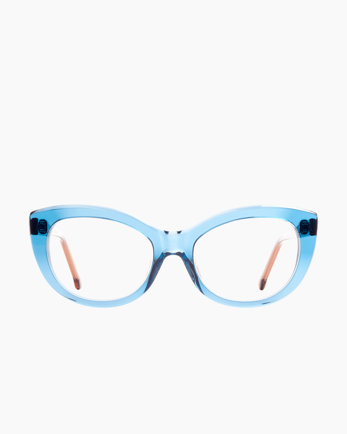 blue plastic cat eyeglasses by Marie-Sophie Dion model Abid, front view, lunettes de vue chat couleur Bleu