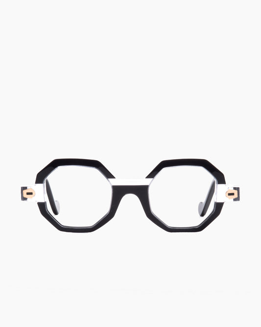 black plastic octogon eyeglasses by Anne et Valentin model TRANSPOSE, front view, lunettes de vue octogone couleur noir