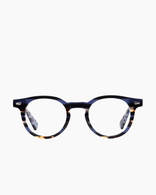 blue plastic round eyeglasses by Evolve model drew, front view, lunettes de vue rond couleur bleu
