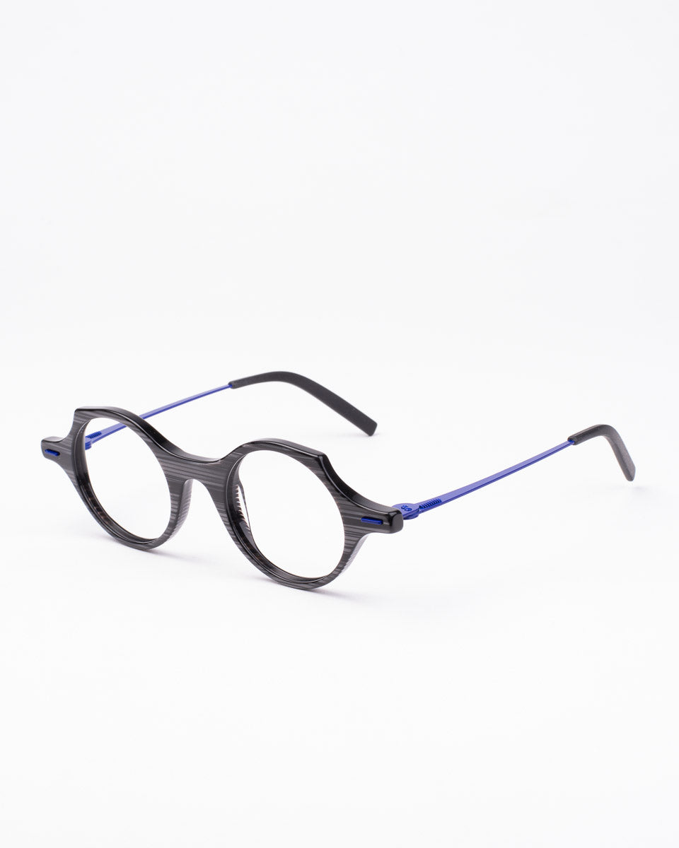 grey plastic round eyeglasses by Theo model patatas, front view, lunettes de vue Gris rond