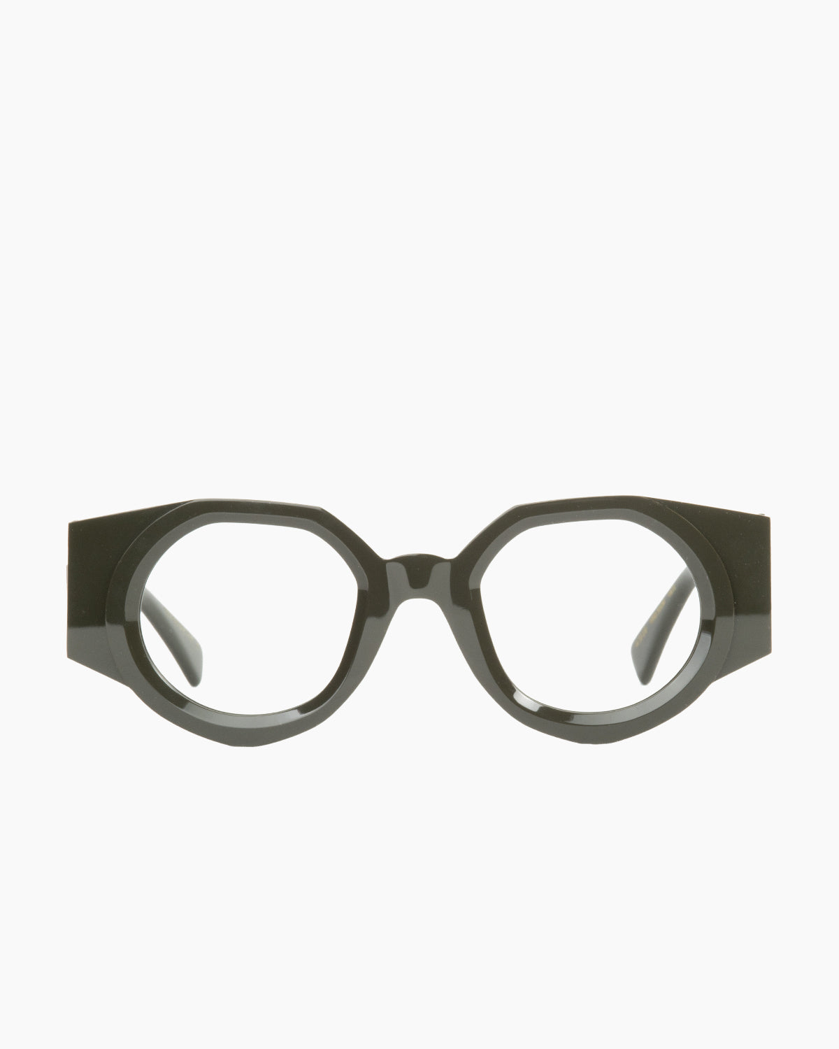 green plastic round eyeglasses by Gamine model Wynwood, front view, lunettes de vue vert rond