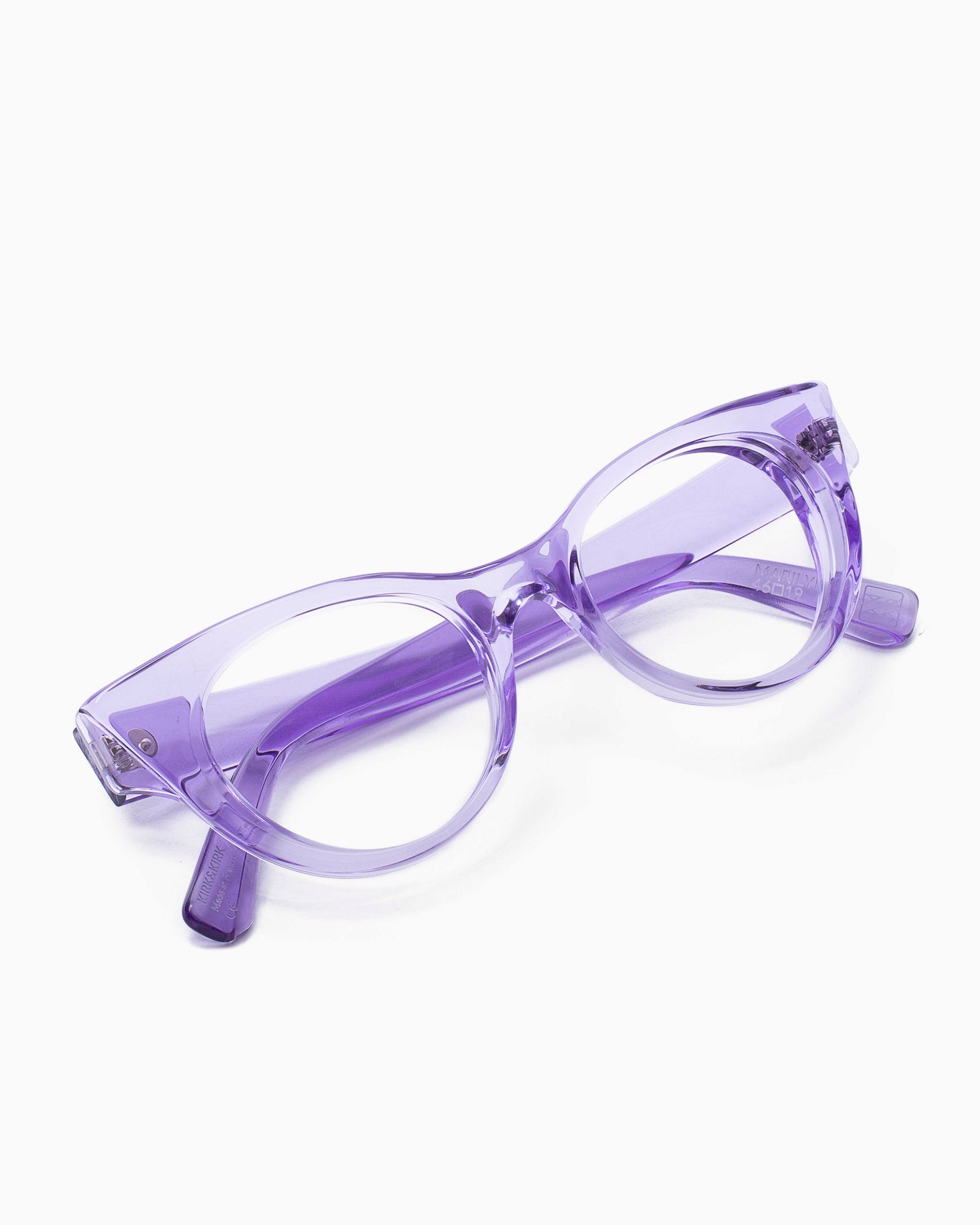 purple plastic cat eyeglasses by Kirk&Kirk model Marilyn, front view, lunettes de vue chat couleur violet
    >
  </div>
  <button class=