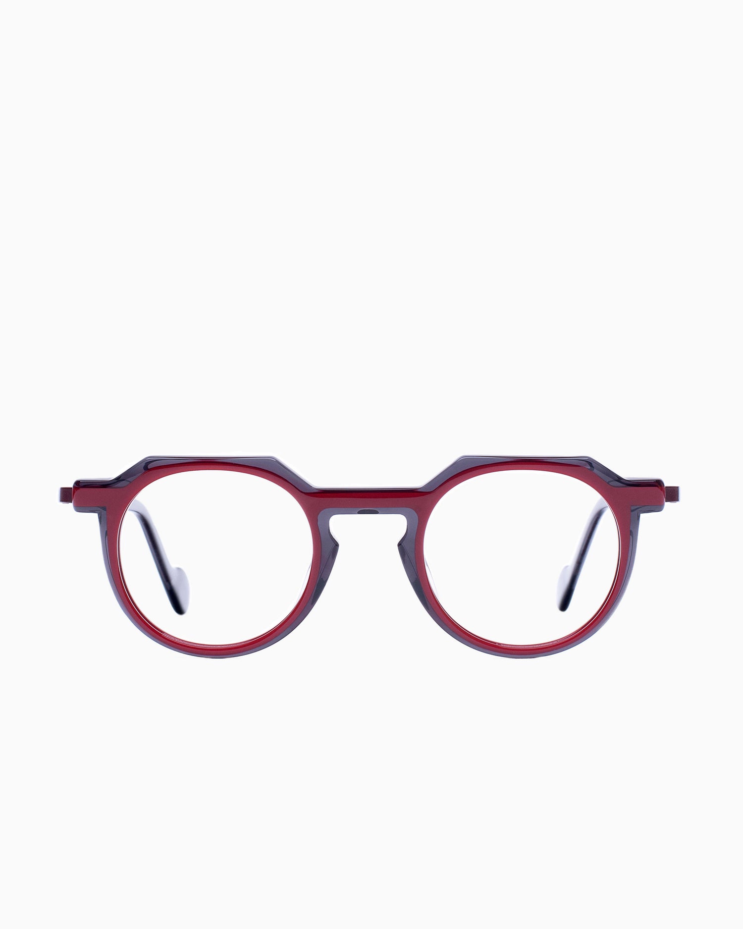 red plastic round eyeglasses by Nao Ned model Aon, front view, lunettes de vue Rouge rond