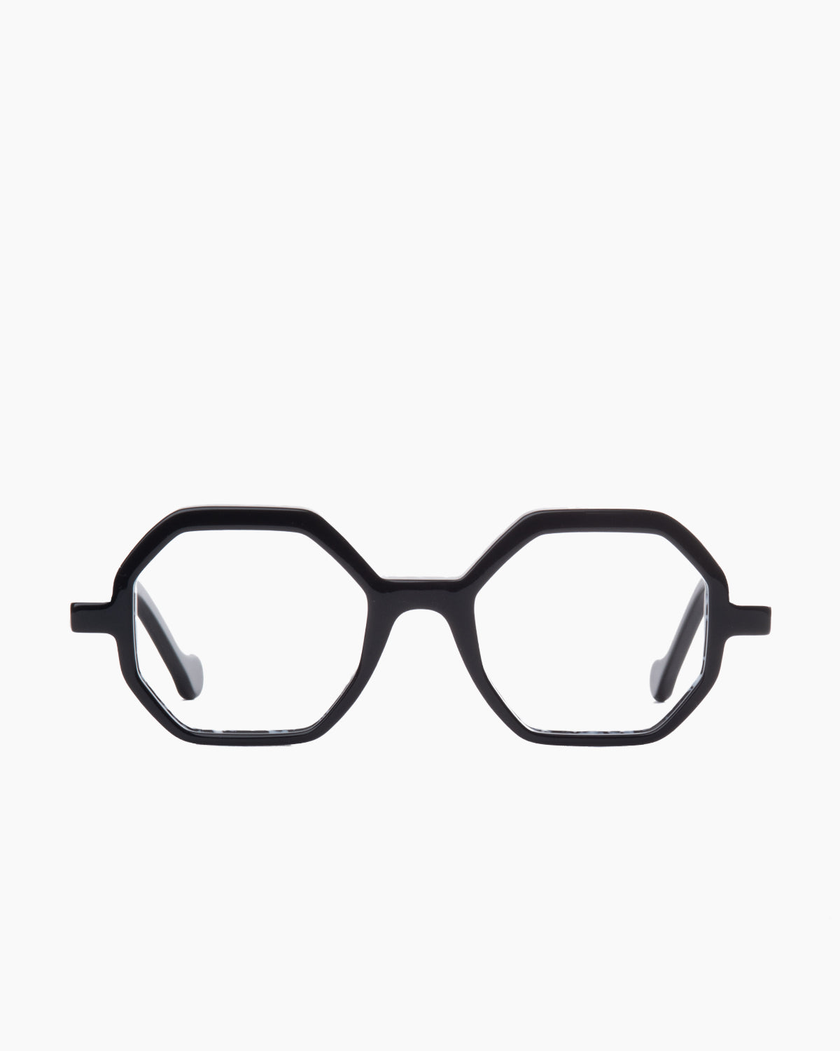 black plastic octogon eyeglasses by Anne et Valentin model Abira, front view, lunettes de vue octogone couleur noir