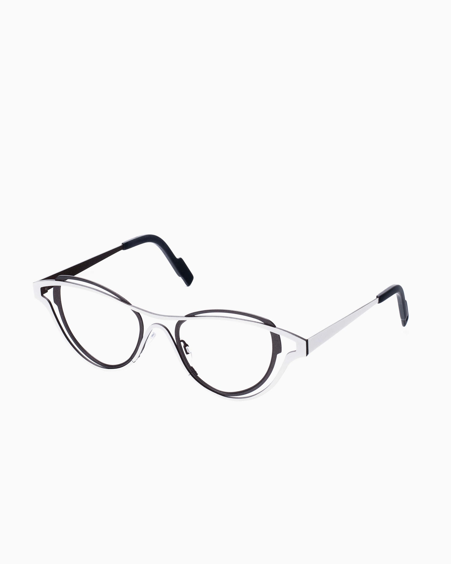 white metal cat eyeglasses by Theo model Draft , front view, lunettes de vue Blanc 