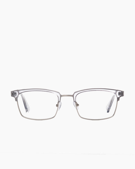 crystal metal rectangle eyeglasses by Evolve model Grover, front view, lunettes de vue rectangle couleur cristal