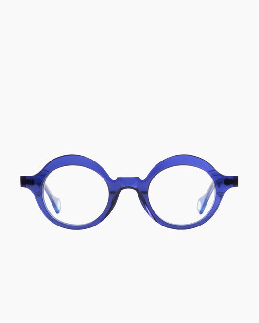 blue plastic round eyeglasses by Anne et Valentin model BILBAO, front view, lunettes de vue rond couleur bleu