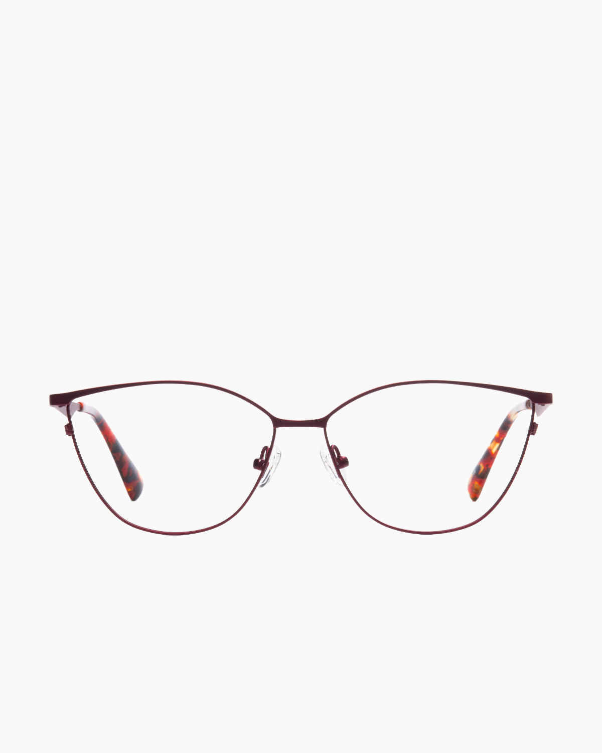 burgundy metal cat eyeglasses by Evolve model Natalie, front view, lunettes de vue bourgogne chat