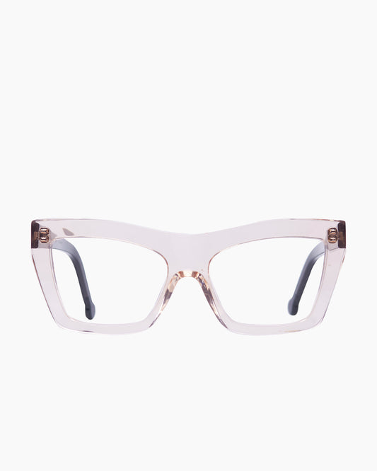pink, beige plastic cat eyeglasses by Marie-Sophie Dion model Mariano, front view, lunettes de vue chat couleur rose, beige