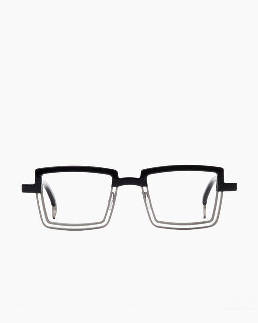 silver metal rectangle eyeglasses by Theo model Spinner, front view, lunettes de vue rectangle couleur argent