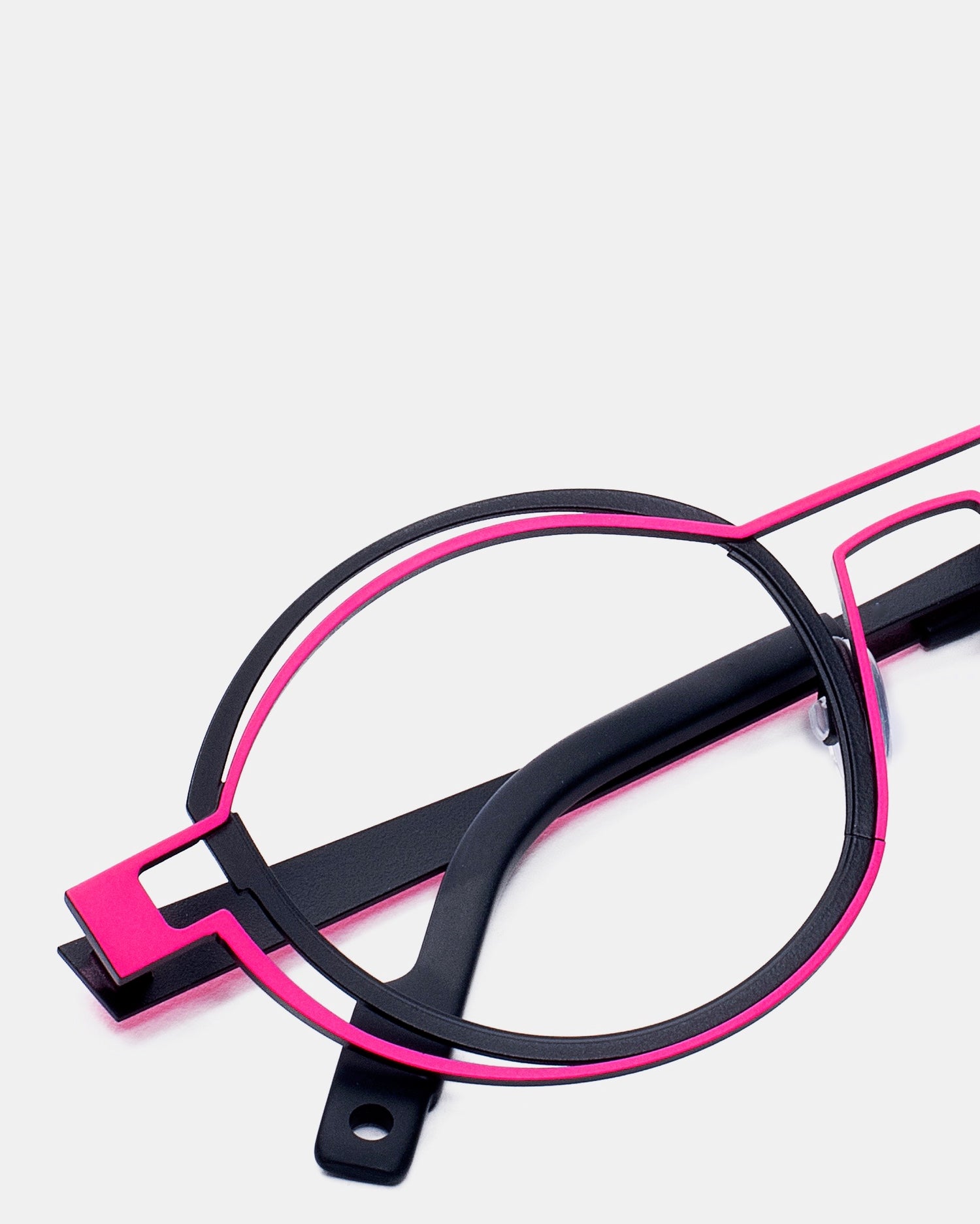 pink metal round eyeglasses by Theo model tracing, front view, lunettes de vue Rose rond