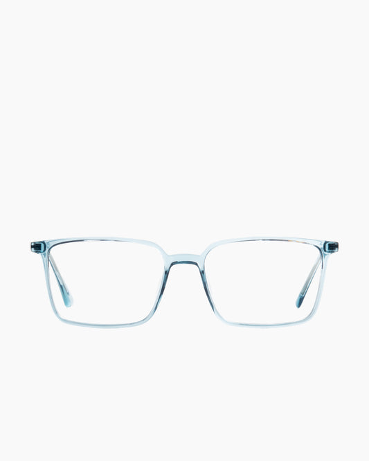 blue plastic rectangle eyeglasses by Evolve model El2, front view, lunettes de vue rectangle couleur bleu