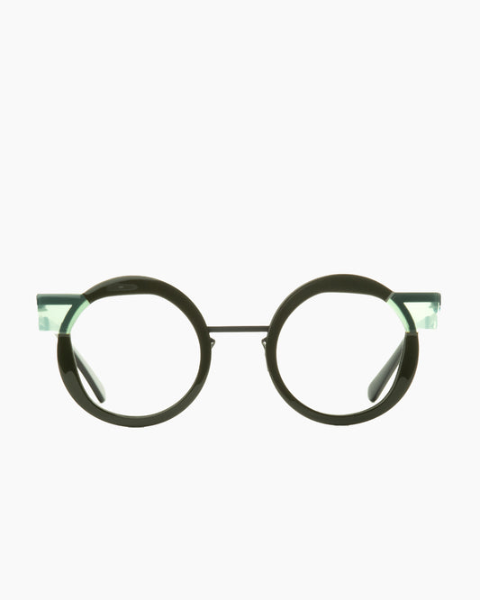green metal round eyeglasses by Gamine model VoussoirSödermalm, front view, lunettes de vue rond couleur vert