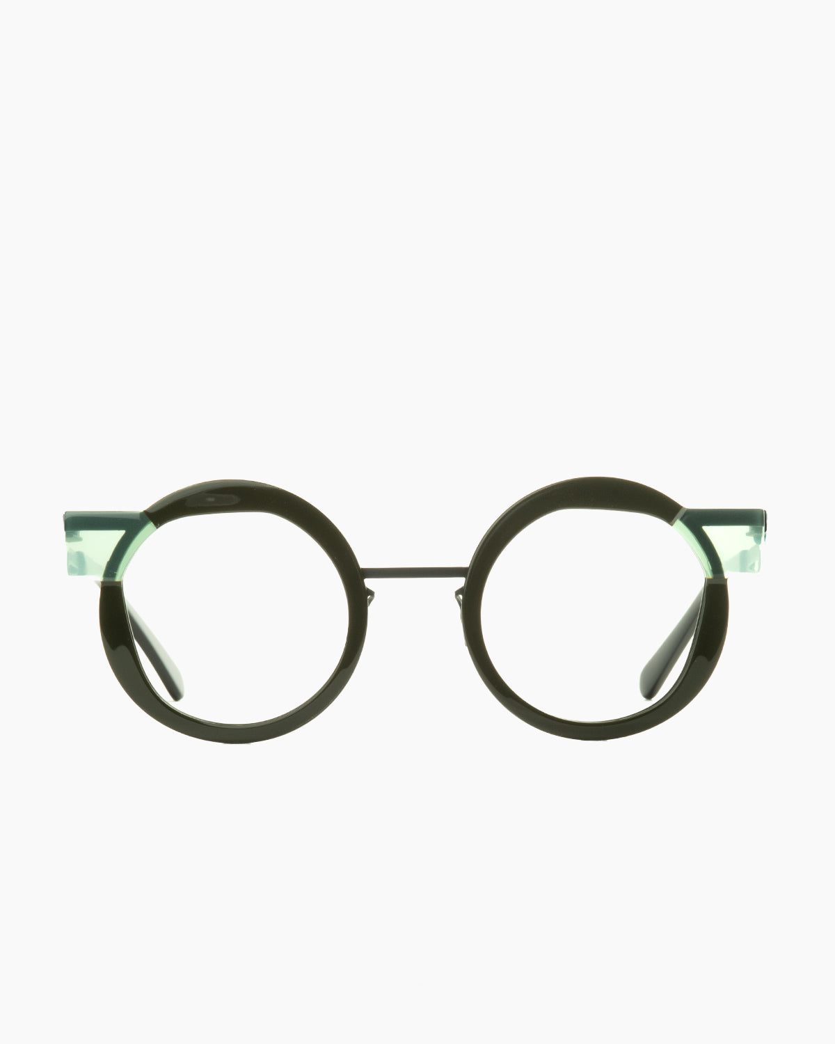 green metal round eyeglasses by Gamine model VoussoirSödermalm, front view, lunettes de vue rond couleur vert
