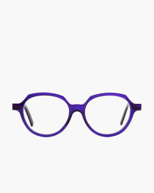 purple plastic round eyeglasses by Theo model Bro, front view, lunettes de vue rond couleur violet