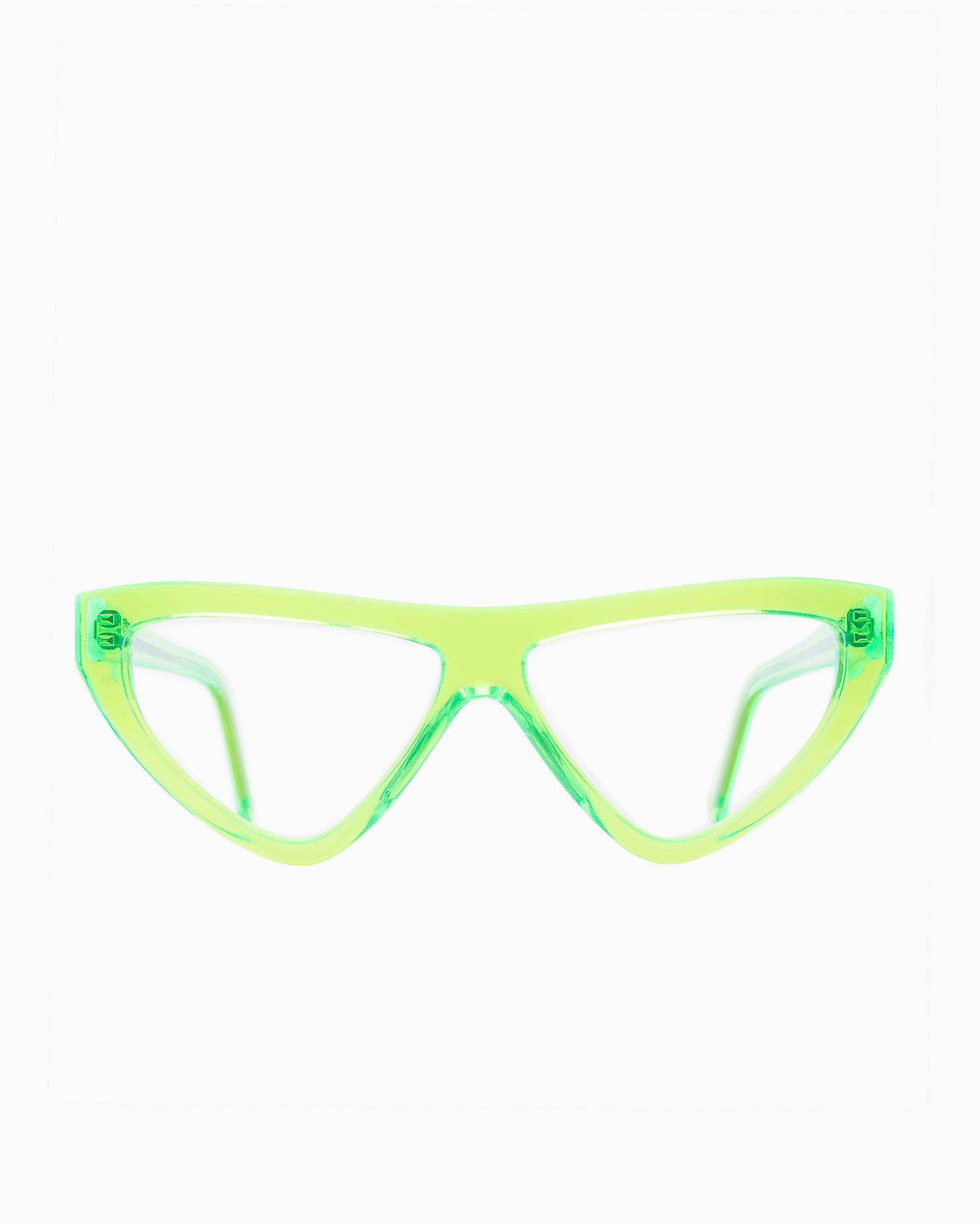 lime plastic triangle eyeglasses by Marie-Sophie Dion model Hart, front view, lunettes de vue triangle couleur Lime