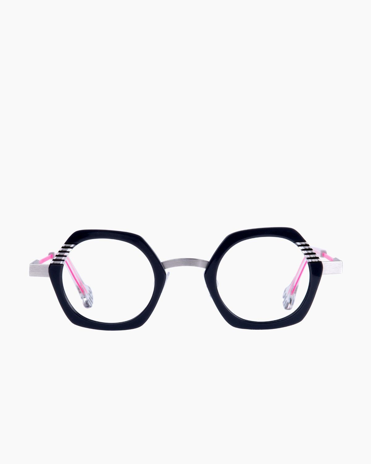 grey metal hexagon eyeglasses by Anne et Valentin model FAFI, front view, lunettes de vue hexagone couleur gris