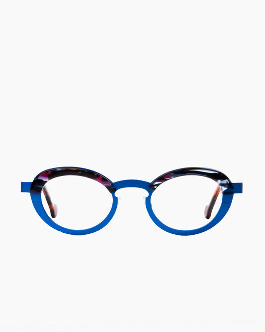 blue metal cat eyeglasses by Theo model Burner, front view, lunettes de vue chat couleur bleu